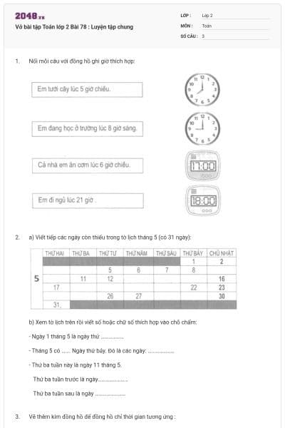 Vở bài tập Toán lớp 2 Bài 78 : Luyện tập chung