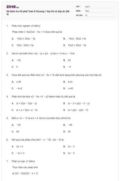 Đề kiểm tra 45 phút Toán 8 Chương 1 Đại Số có đáp án (Đề 4)
