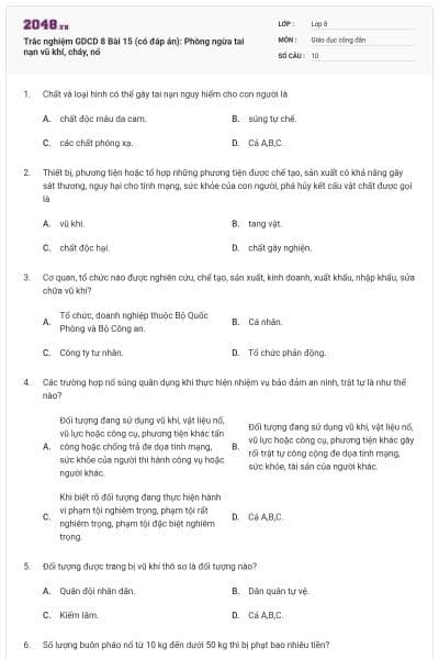 Trắc nghiệm GDCD 8 Bài 15 (có đáp án): Phòng ngừa tai nạn vũ khí, cháy, nổ