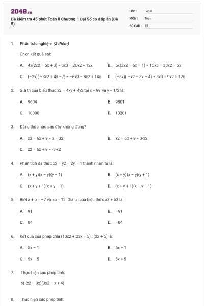 Đề kiểm tra 45 phút Toán 8 Chương 1 Đại Số có đáp án (Đề 5)