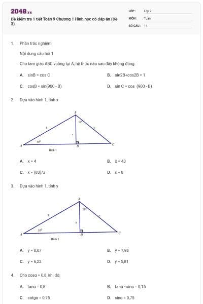 Đề kiểm tra 1 tiết Toán 9 Chương 1 Hình học có đáp án (Đề 3)