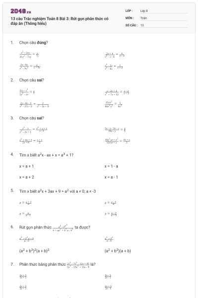 13 câu Trắc nghiệm Toán 8 Bài 3: Rút gọn phân thức có đáp án (Thông hiểu)