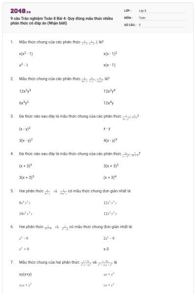 9 câu Trắc nghiệm Toán 8 Bài 4: Quy đồng mẫu thức nhiều phân thức có đáp án (Nhận biết)