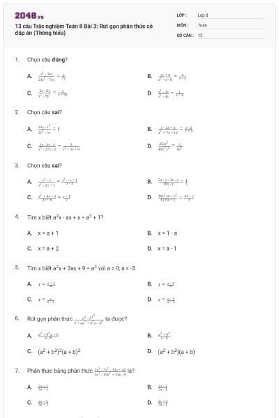 13 câu Trắc nghiệm Toán 8 Bài 3: Rút gọn phân thức có đáp án (Thông hiểu)