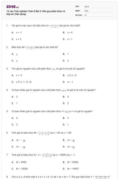 13 câu Trắc nghiệm Toán 8 Bài 3: Rút gọn phân thức có đáp án (Vận dụng)