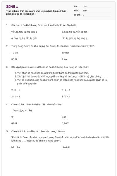 Trắc nghiệm Viết các số đo khới lượng dưới dạng số thập phân có đáp án ( nhận biết )