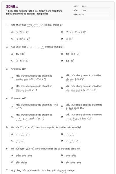 10 câu Trắc nghiệm Toán 8 Bài 4: Quy đồng mẫu thức nhiều phân thức có đáp án (Thông hiểu)
