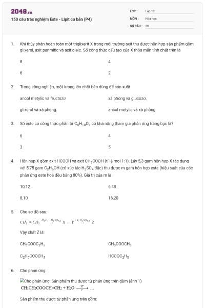 150 câu trắc nghiệm Este - Lipit cơ bản (P4)