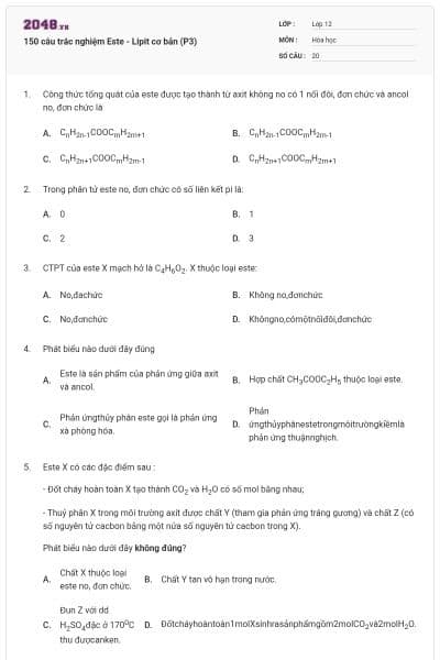 150 câu trắc nghiệm Este - Lipit cơ bản (P3)