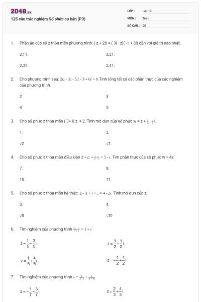 125 câu trắc nghiệm Số phức cơ bản (P3)