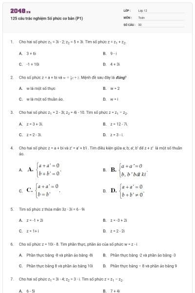 125 câu trắc nghiệm Số phức cơ bản (P1)