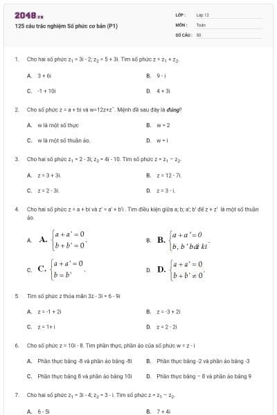 125 câu trắc nghiệm Số phức cơ bản (P1)