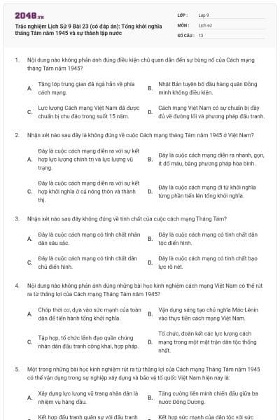 Trắc nghiệm Lịch Sử 9 Bài 23 (có đáp án): Tổng khởi nghĩa tháng Tám năm 1945 và sự thành lập nước