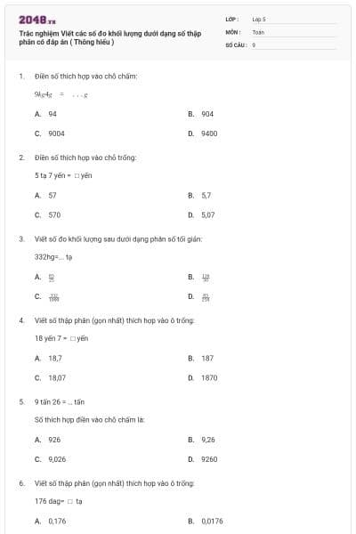 Trắc nghiệm Viết các số đo khối lượng dưới dạng số thập phân có đáp án ( Thông hiểu )