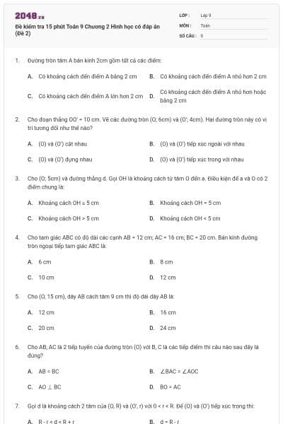 Đề kiểm tra 15 phút Toán 9 Chương 2 Hình học có đáp án (Đề 2)