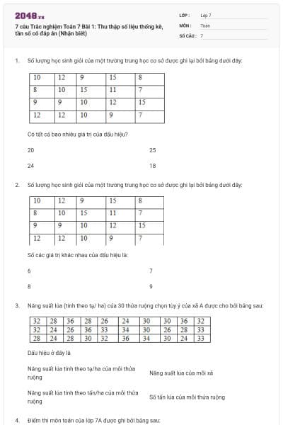 7 câu Trắc nghiệm Toán 7 Bài 1: Thu thập số liệu thống kê, tần số có đáp án (Nhận biết)