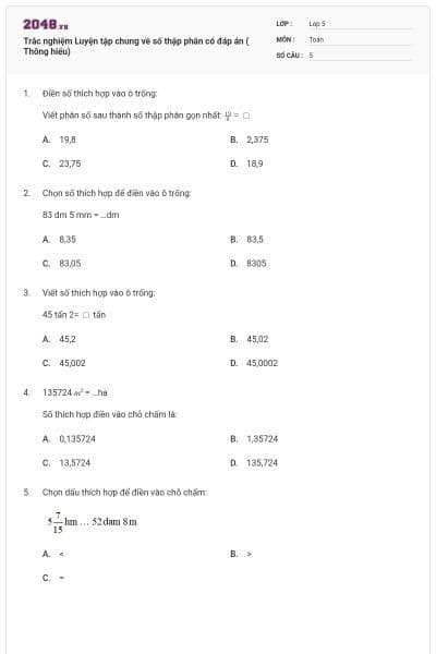 Trắc nghiệm Luyện tập chung về số thập phân có đáp án ( Thông hiểu)