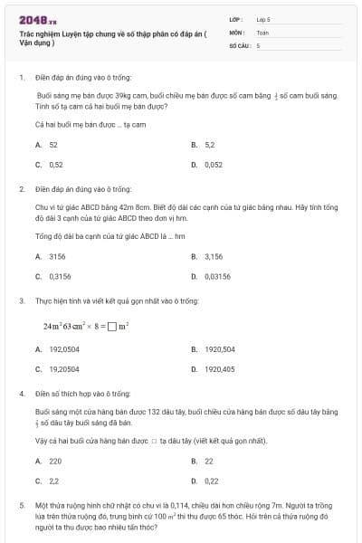Trắc nghiệm Luyện tập chung về số thập phân có đáp án ( Vận dụng )