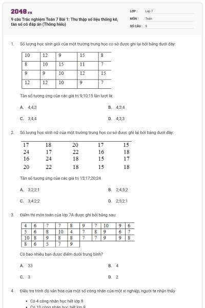 9 câu Trắc nghiệm Toán 7 Bài 1: Thu thập số liệu thống kê, tần số có đáp án (Thông hiểu)