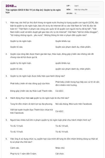 Trắc nghiệm GDCD 8 Bài 19 (có đáp án): Quyền tự do ngôn luận