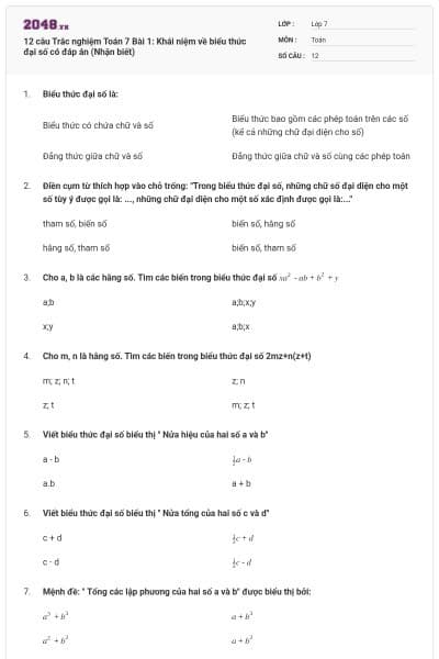 12 câu Trắc nghiệm Toán 7 Bài 1: Khái niệm về biểu thức đại số có đáp án (Nhận biết)