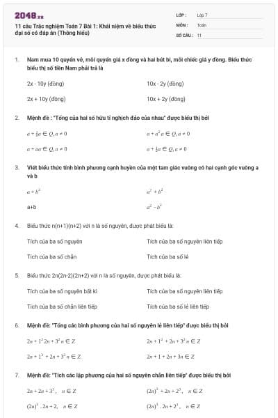 11 câu Trắc nghiệm Toán 7 Bài 1: Khái niệm về biểu thức đại số có đáp án (Thông hiểu)