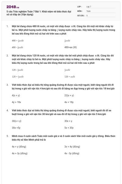 5 câu Trắc nghiệm Toán 7 Bài 1: Khái niệm về biểu thức đại số có đáp án (Vận dụng)