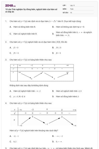 10 câu Trắc nghiệm Sự đồng biến, nghịch biến của hàm số có đáp án