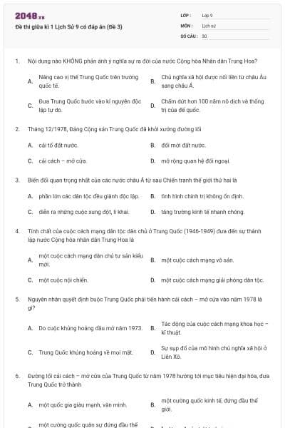Đề thi giữa kì 1 Lịch Sử 9 có đáp án (Đề 3)