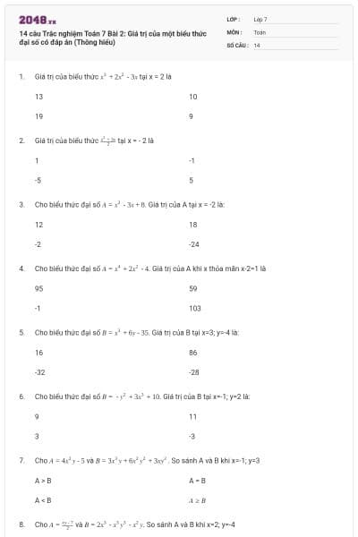 14 câu Trắc nghiệm Toán 7 Bài 2: Giá trị của một biểu thức đại số có đáp án (Thông hiểu)