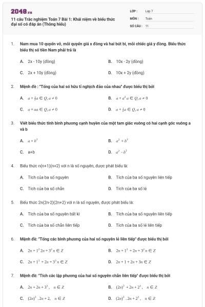 11 câu Trắc nghiệm Toán 7 Bài 1: Khái niệm về biểu thức đại số có đáp án (Thông hiểu)