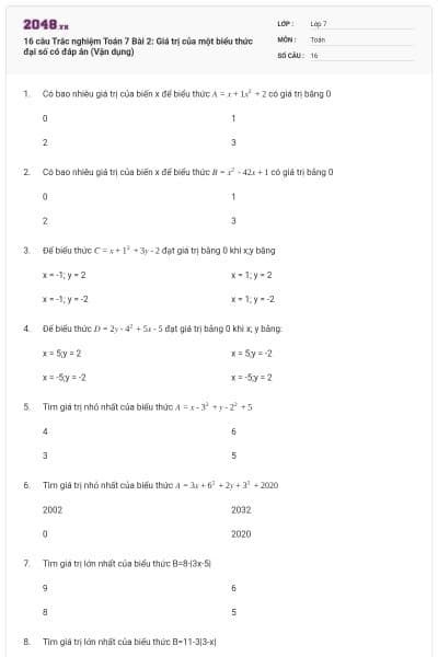 16 câu Trắc nghiệm Toán 7 Bài 2: Giá trị của một biểu thức đại số có đáp án (Vận dụng)