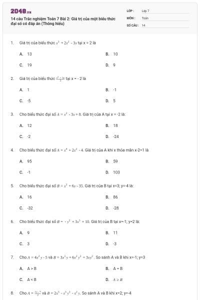14 câu Trắc nghiệm Toán 7 Bài 2: Giá trị của một biểu thức đại số có đáp án (Thông hiểu)