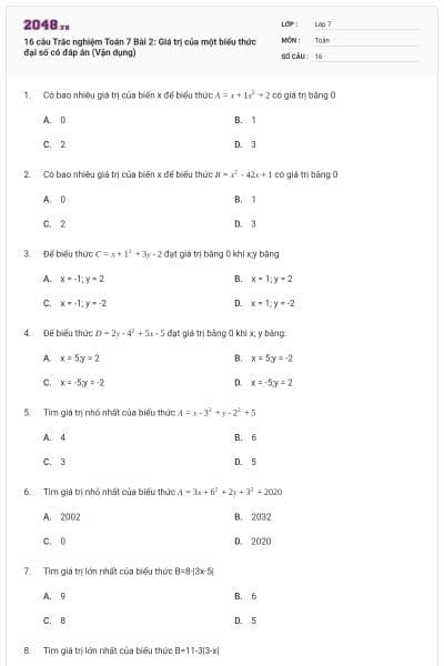 16 câu Trắc nghiệm Toán 7 Bài 2: Giá trị của một biểu thức đại số có đáp án (Vận dụng)
