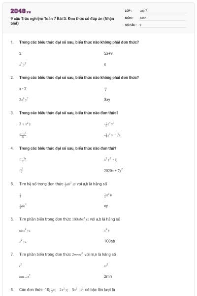 9 câu Trắc nghiệm Toán 7 Bài 3: Đơn thức có đáp án (Nhận biết)