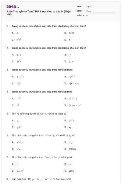 9 câu Trắc nghiệm Toán 7 Bài 3: Đơn thức có đáp án (Nhận biết)
