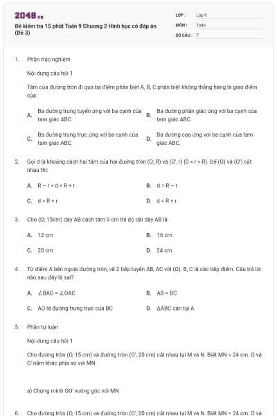 Đề kiểm tra 15 phút Toán 9 Chương 2 Hình học có đáp án (Đề 3)