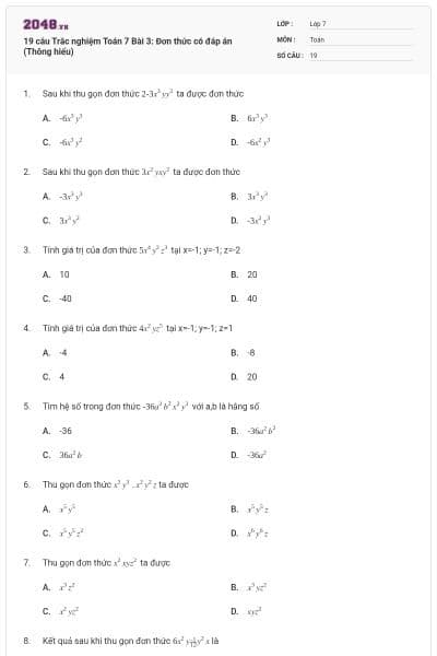 19 câu Trắc nghiệm Toán 7 Bài 3: Đơn thức có đáp án (Thông hiểu)