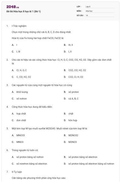 Đề thi Hóa học 8 học kì 1 (Đề 1)