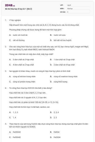 Đề thi Hóa học 8 học kì 1 (Đề 2)
