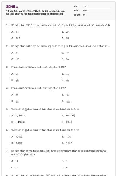 14 câu Trắc nghiệm Toán 7 Bài 9: Số thập phân hữu hạn. Số thập phân vô hạn tuần hoàn có đáp án (Thông hiểu)