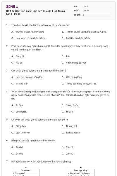 Bộ 4 Đề kiểm tra 15 phút Lịch Sử 10 Học kì 1 (có đáp án - Lần 1 - Đề 3)