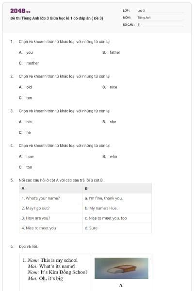 Đề thi Tiếng Anh lớp 3 Giữa học kì 1 có đáp án ( Đề 3)
