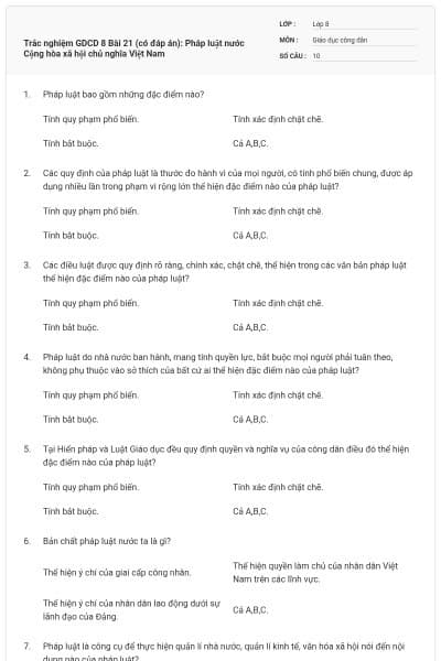 Trắc nghiệm GDCD 8 Bài 21 (có đáp án): Pháp luật nước Cộng hòa xã hội chủ nghĩa Việt Nam