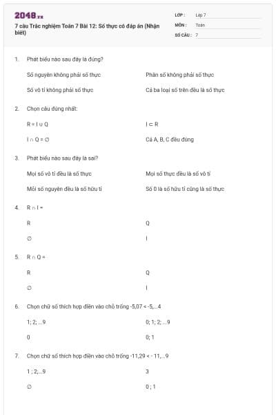 7 câu Trắc nghiệm Toán 7 Bài 12: Số thực có đáp án (Nhận biết)