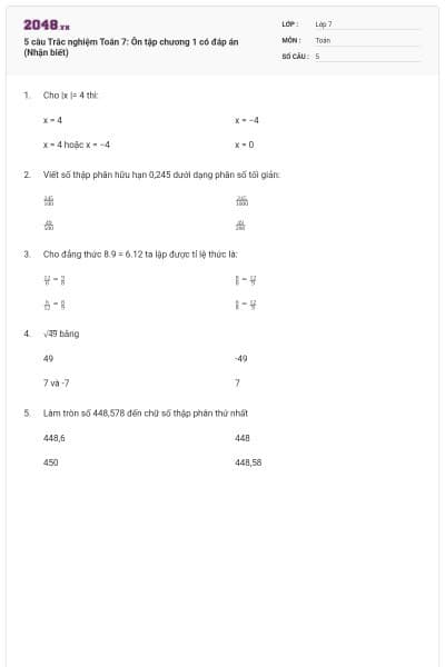 5 câu Trắc nghiệm Toán 7: Ôn tập chương 1 có đáp án (Nhận biết)