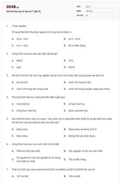 Đề thi Hóa học 8 học kì 1 (Đề 3)