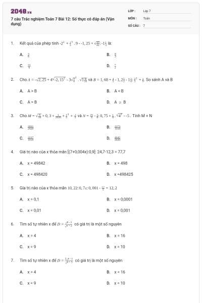 7 câu Trắc nghiệm Toán 7 Bài 12: Số thực có đáp án (Vận dụng)