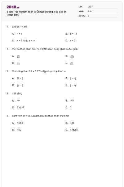 5 câu Trắc nghiệm Toán 7: Ôn tập chương 1 có đáp án (Nhận biết)