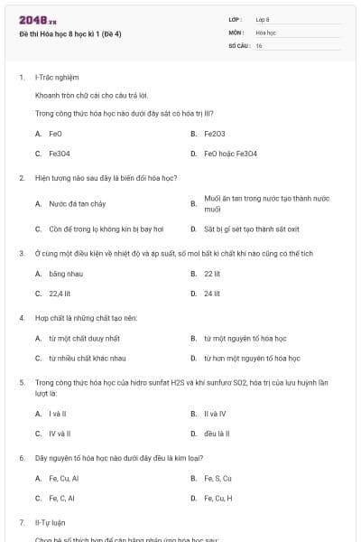 Đề thi Hóa học 8 học kì 1 (Đề 4)